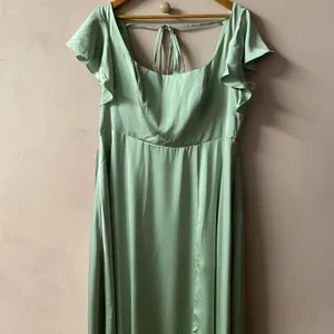 Azazie Dusty Sage A-Line Satin Maxi Dress NWT Size A16 thumbnail 4