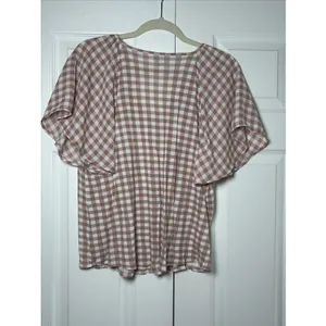Loft Gingham Flutter Sleeve Top Womens Size L‎ Mauve White Tie Neck Rayon Blouse thumbnail 4