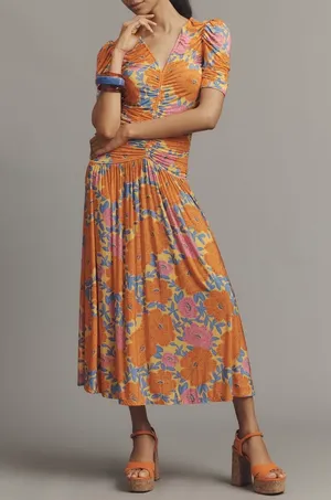 Farm Rio V-Neck Floral Ruched Mesh Midi Dress, Size M thumbnail 1