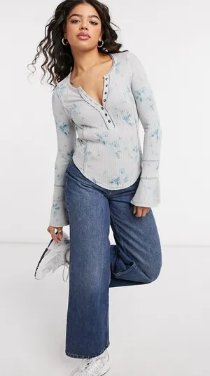 Free People Layer Me Long Sleeve Henley Top In Vintage Floral thumbnail 3