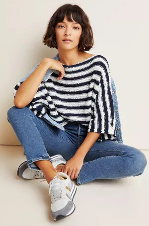 Boat neck off shoulder striped short sleeve knit sweater.l thumbnail 1