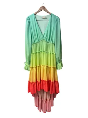 Champagne & Strawberry Multicolor Gradient High Low Long Sleeve Midi Dress Large thumbnail 4