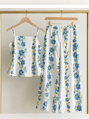 HYFVE Blue Floral Cotton Two-Piece Set | Cami Tank & Wide Leg Pants | Size S thumbnail 2
