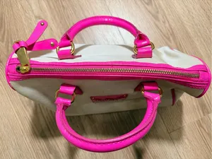 Victorias Secret Beige Canvas Satchel Bag Hot Pink Patent Trim Gold Hardware thumbnail 6