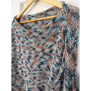 Handmade Chunky Knit Boat Neck Sweater Blue Pink Marled Bell Sleeve Pullover thumbnail 6