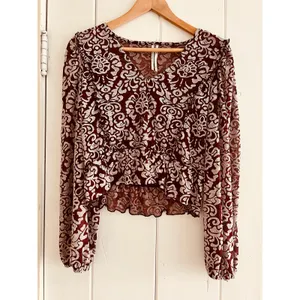 By‎ Anthropologie Jacquard Peasant Blouse Women's Blouse Wine M Ruffle Peplum thumbnail 8