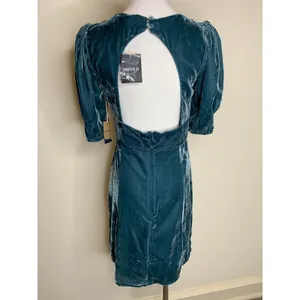 Forever 21 Velour Open Back Mini Dress Sz Medium Teal Boho Glam Cocktail thumbnail 3
