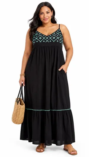 Ava & Viv Black Embroidered Cotton Tiered Maxi Dress Size 1X thumbnail 1