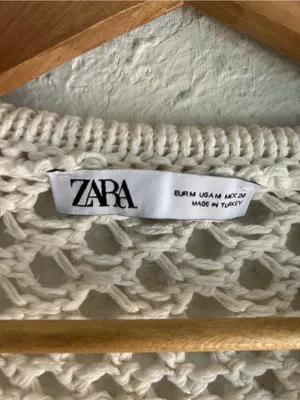 ZARA Cream Crochet Open Knit Fringe Hoodie Sweater Granola Gritty Boho Medium thumbnail 3