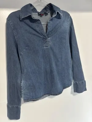 Vintage Y2K Old College Inn Stretch Denim Pullover Shirt Women Split V Neck L thumbnail 3