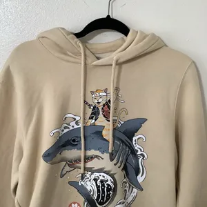 S-Ponder Y2K Style Graphic Funny Japanese Cat on Shark Cream‎ Cozy Hoodie XL thumbnail 2