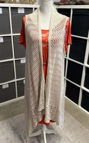 Unbranded Cream Crochet Open Knit Duster Waterfall Cardigan Vest thumbnail 1