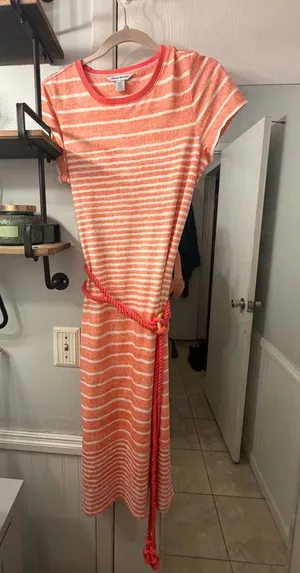 Tommy Bahama Orange & White Striped Short-Sleeve Maxi Dress with Rope Belt thumbnail 1