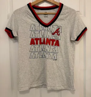 NWOT Majestic Atlanta Braves Double Ringer V-neck T-shirt thumbnail 1