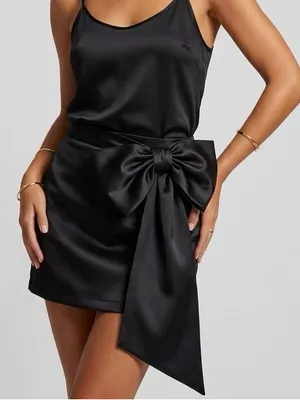 NEW MABLE Anthropologie Black Satin skirt with Side Bow SIZE LARGE thumbnail 1