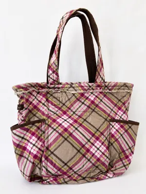 Thirty-one Plaid Distressed Canvas Tote Bag in Pink and Cream thumbnail 1