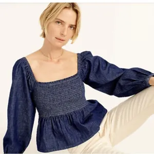 J.‎ Crew Dark Blue Chambray Smocked Puff Sleeve Top Peasant Milkmaid thumbnail 1