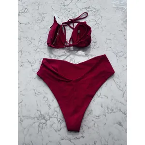 New Quince Cherry Red Italian Triangle Bikini Top & V Cut High Leg Bottom Medium thumbnail 2