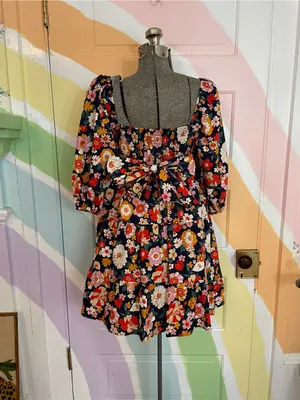 KARLIE Floral Poplin Cotton Tiered Tie Back Smocked Puff Sleeve Dress Sz S 💚🎀 thumbnail 5
