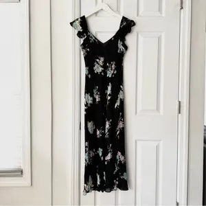 Evan Picone Black Floral 90s V Neck Flutter Sleeve Midi Sun Dress 10P Lined thumbnail 2