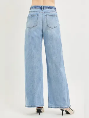 RISEN Light Wash Wide Leg Jeans Elastic Cinch Tie Waist Slouchy Various NEW thumbnail 10