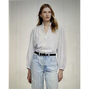 Madewell $98 Ruffled Popover Long Sleeve Top Stripe Blue Cotton Blouse Size M thumbnail 2