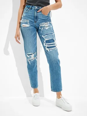 American Eagle Distressed Patched Mom Straight Jeans‎ Blue 10 High Waist thumbnail 2