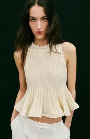 NWT Zara Cream / Butter Yellow Ribbed Knit Ruffle Trim Peplum Tank Top thumbnail 1