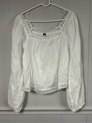 Old Navy White Long-Sleeve Lace Trim Top Square Neck Small Tall Loose Fit Summer thumbnail 7