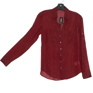 NWT Express Top Button Up Sheer Metallic Lightweight Long Sleeve Holiday Red XS thumbnail 2
