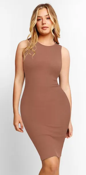 Popilush Built-In Shapewear Ribbed Slip Dress Mauve Pink Sleeveless Midi Large thumbnail 1