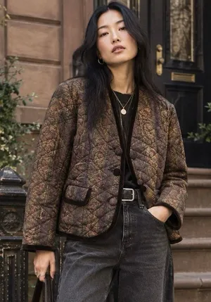 Vintage 80s Paisley Quilted Jacket Velvet Trim Dark Academia M thumbnail 1