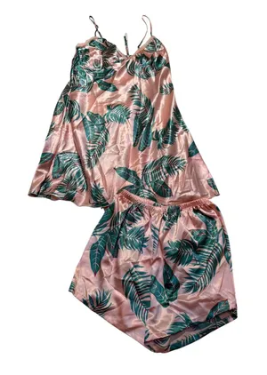 Women's Sz Medium Pajama Set Sleeveless Light Pink Green Palm Print Satin V-Neck thumbnail 1
