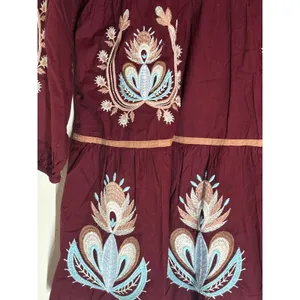 Letube Anthropologie Burgundy Embroidered Boho Mini Dress Long Sleeve Large NEW thumbnail 5
