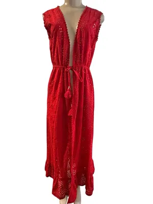 Melissa Odabash Tessa red cotton eyelet midi beach dress, size Small thumbnail 2