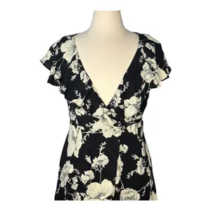 Free People Floral Wrap Mini Dress Womens Size Small Black White Ruffle Flutter‎ thumbnail 10