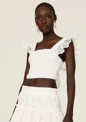 Misa Los Angeles Abelia Top White Smocked Eyelet Flutter Sleeve Crop Top Size S thumbnail 1