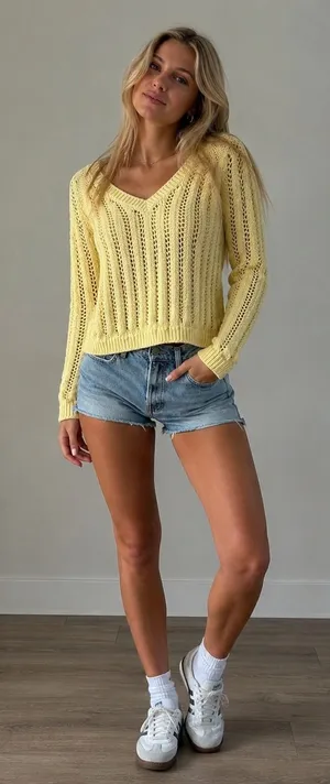 Eddie Bauer Womens S Butter Yellow Open Knit V Neck Sweater Coastal Pointelle thumbnail 1
