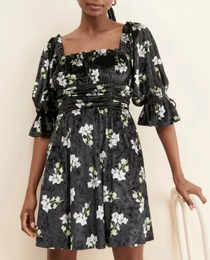 Hutch Velvet Floral Mini Dress Smocked Black Size Large Romantic Milkmaid thumbnail 1
