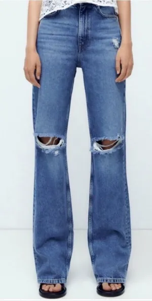 Zara Ripped Knee Straight Leg Long Jeans thumbnail 1