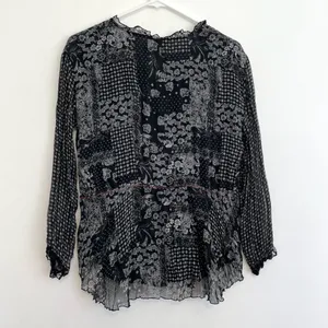 COLDWATER CREEK Black White Patchwork Floral Crinkle Button 3/4 Sleeve Blouse S thumbnail 12
