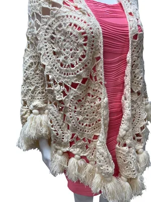Free People wms cream beige crochet bohemian cardigan cover shawl OS SKU 10-792 thumbnail 7