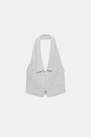 BNWT Zara Blue, Cream & Brown Striped Collared Vest Halter Top thumbnail 5