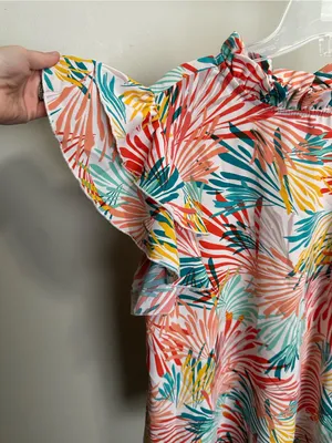 multicolor abstract ruffled shortsleeve mock neck blouse size large Multiple thumbnail 2
