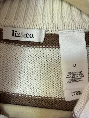 Liz & Co. Brown and White Striped Cotton Half-Zip Sweater, Size M thumbnail 3