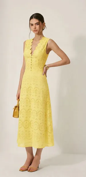 Commense Cotton Yellow Eyelet Midi Dress Scalloped V-Neck Sleeveless NWT Large thumbnail 1