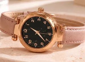 Women's Rose Gold Case Pink Leather Strap Watch Adjustable Band thumbnail 1