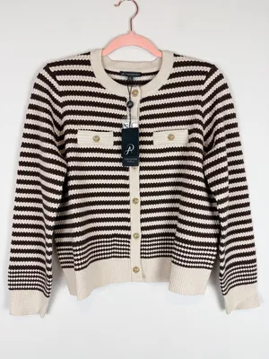 NWT Adrianna Papell Button Front‎ Striped Pointelle Cardigan Sweater Cream Brown thumbnail 4
