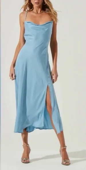 ASTR Midi Satin Gaia Slip Dress in Sky Blue Small thumbnail 1