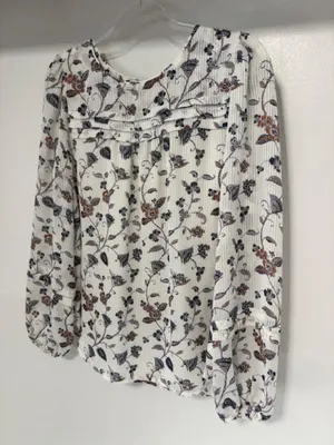 LOFT M White Floral Striped Pleated Yoke Lined Peasant Blouse Neutral Feminine thumbnail 3
